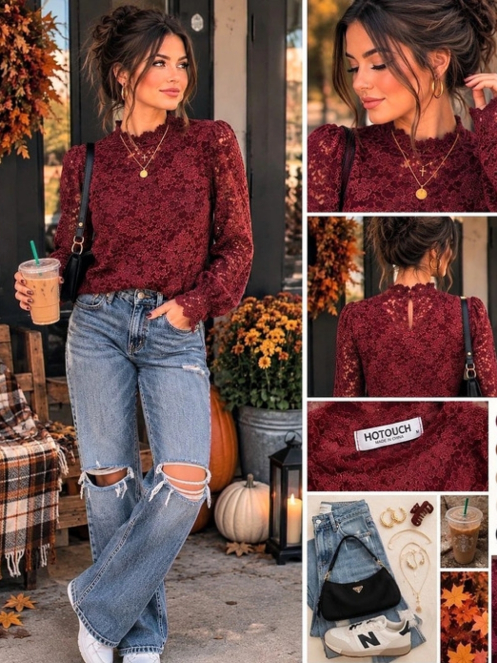 HOTOUCH Floral Lace Long Sleeve Blouse in Burgundy Size Medium